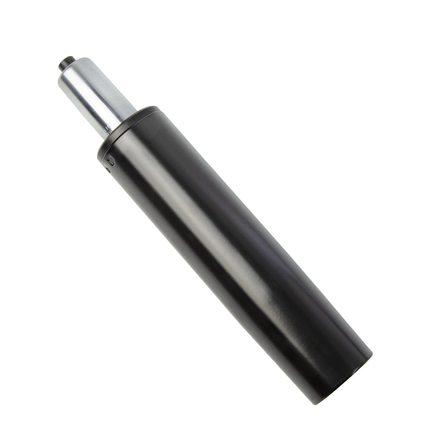 Black office chair gas lift cylinder with a metallic top, used for height adjustment.