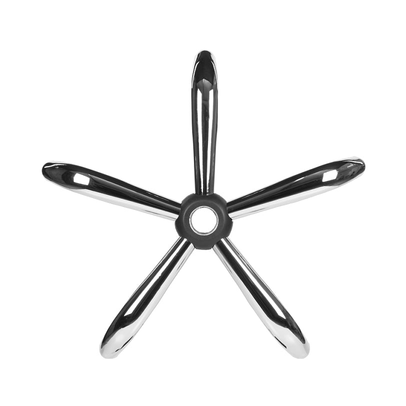 Chrome office chair base with a five-arm design, top view, glossy metal surface and central mount, ideal for modern chairs.