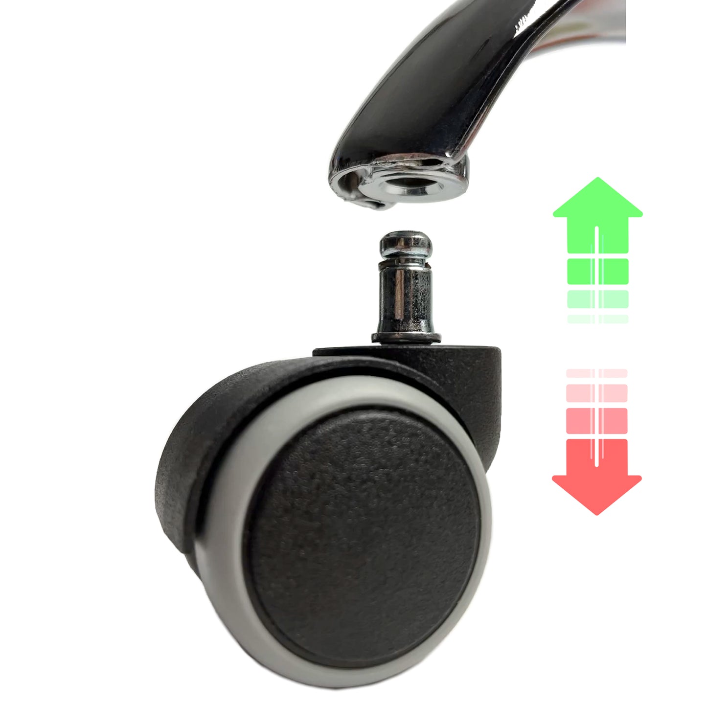 Installation of a caster to a chrome office chair base, showing correct (green arrow) and incorrect (red arrow) direction, with visible metal pin and black caster.
