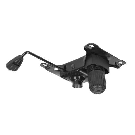 Black office chair tilt mechanism with a lever for adjusting the tilt and a ribbed knob for height or tension control.