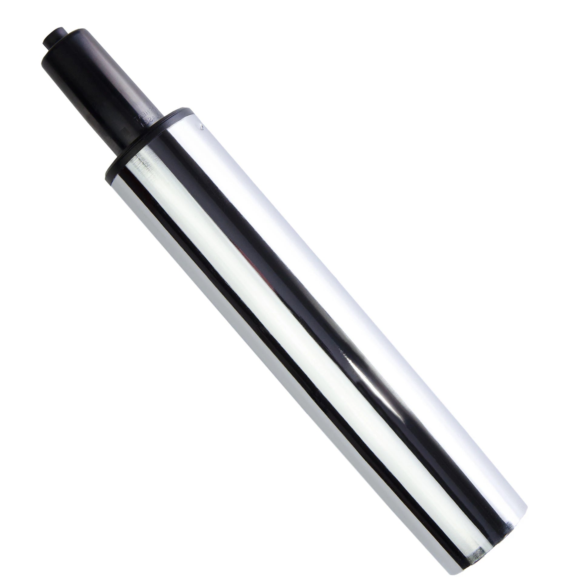 Shiny chrome office chair gas lift cylinder with a black top, used for height adjustment.