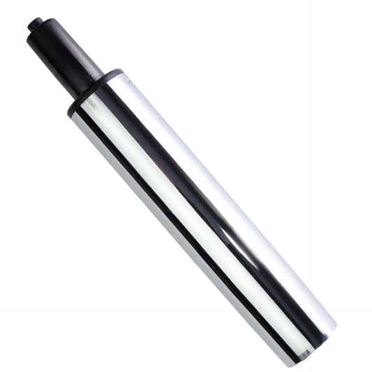 Shiny chrome office chair gas lift cylinder with a black top, used for height adjustment.