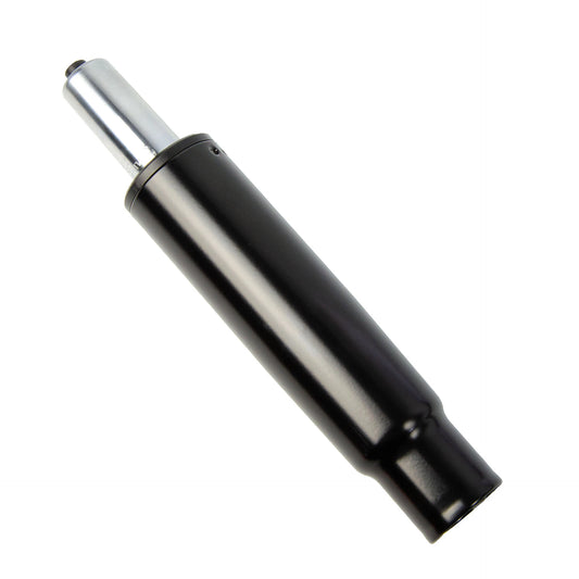 Black office chair gas lift cylinder with a metallic top, and narrowing at the bottom designed for height adjustment.