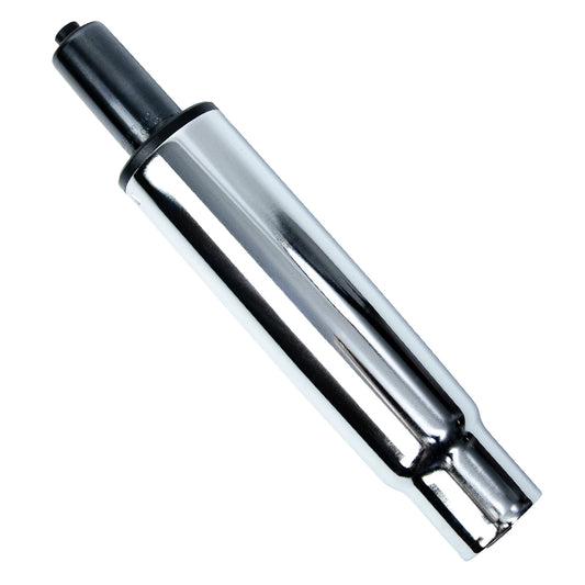 Shiny chrome office chair gas lift cylinder with a black top, and narrowing at the bottom used for height adjustment.