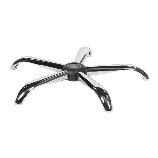 Chrome office chair base, made of glossy metal with a five-arm design and central mount, perfect for modern office furniture.