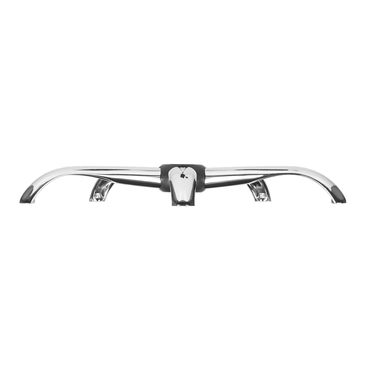 Chrome office chair base with a five-arm design, side view, glossy metal surface and central mount, ideal for modern chairs.