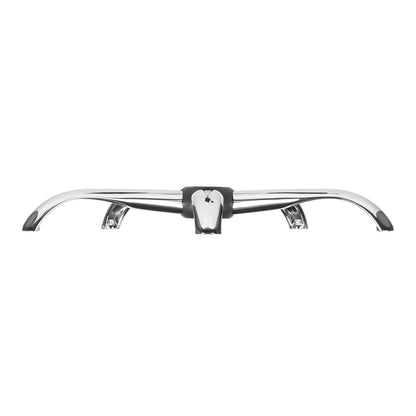 Chrome office chair base with a five-arm design, side view, glossy metal surface and central mount, ideal for modern chairs.