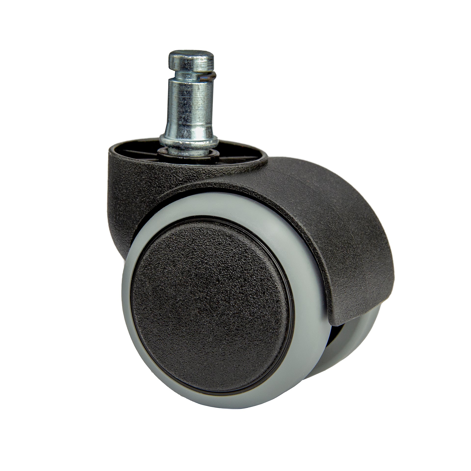 lack office chair caster wheel with a metallic stem, featuring a single wheel with a gray rubber tire for smooth and quiet mobility.