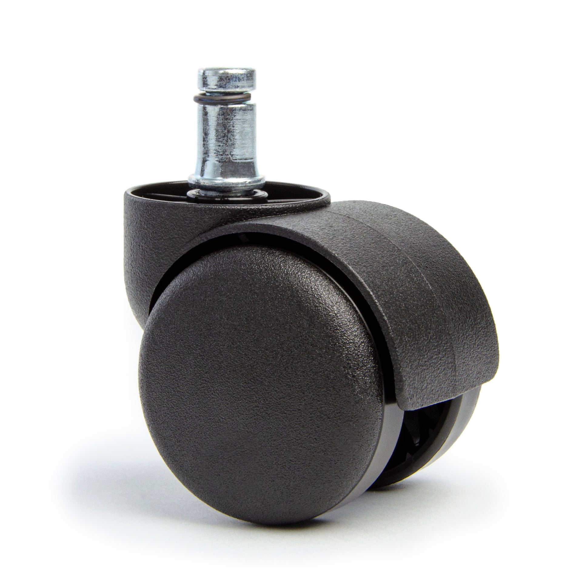 Black office chair caster wheel with a metallic stem, designed for smooth mobility on various surfaces.