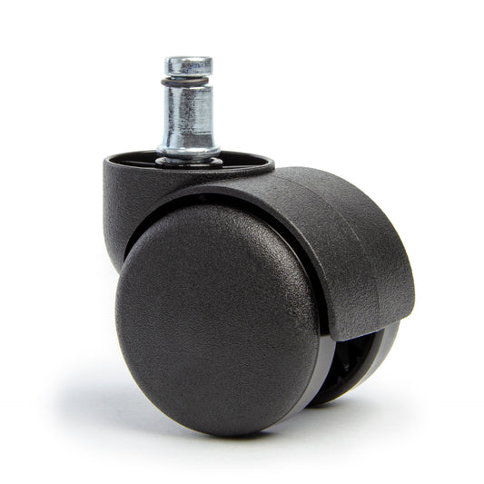 Black office chair caster wheel with a metallic stem, designed for smooth mobility on various surfaces.