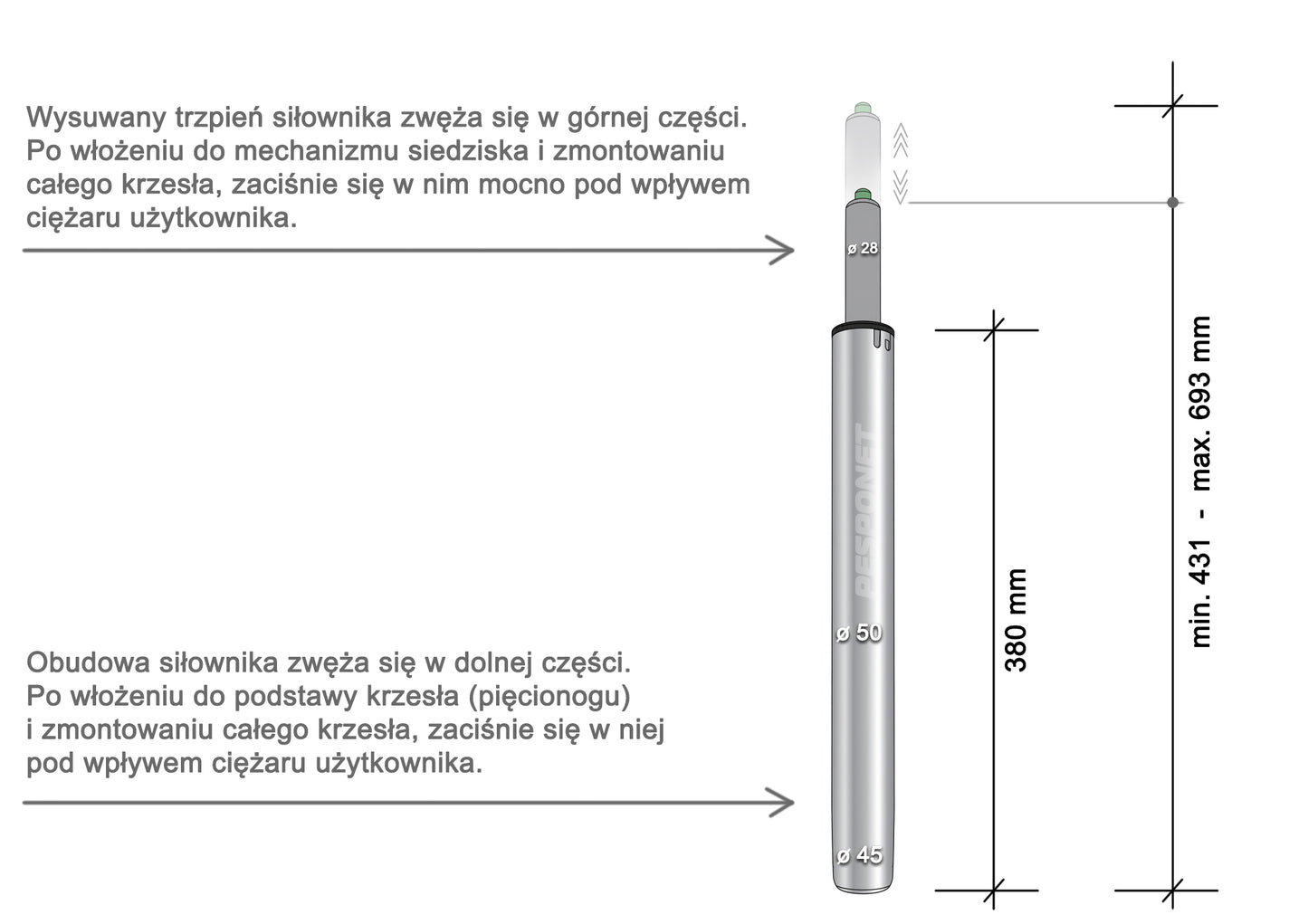 Wysoki siłownik 380mm